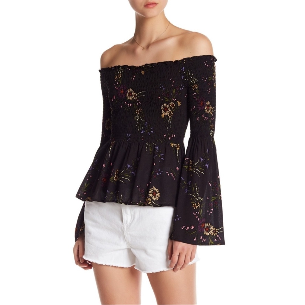 Vintage Havana Floral Black Smocked Off the Shoulder Top